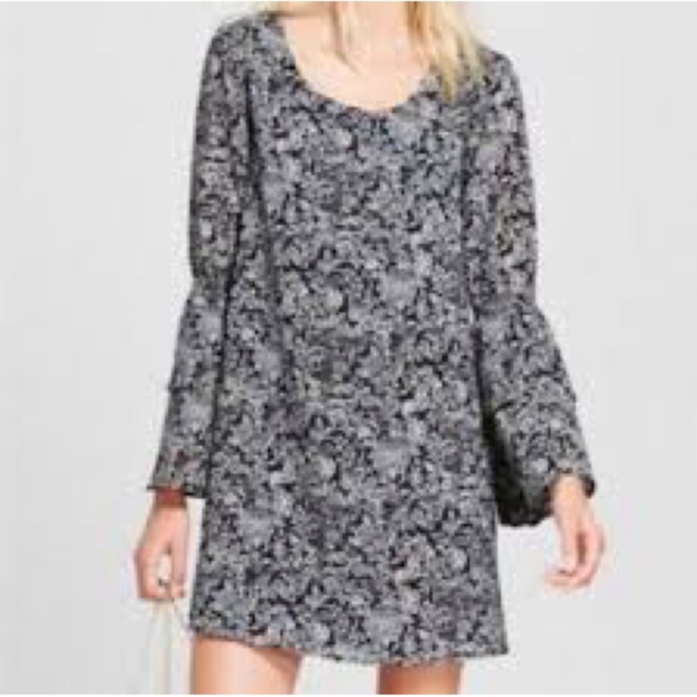A new day, size medium mini shirt dress bell sleeves, black cream blue ruffle